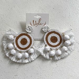New Boutique White & Burlap Earrings with Fringe